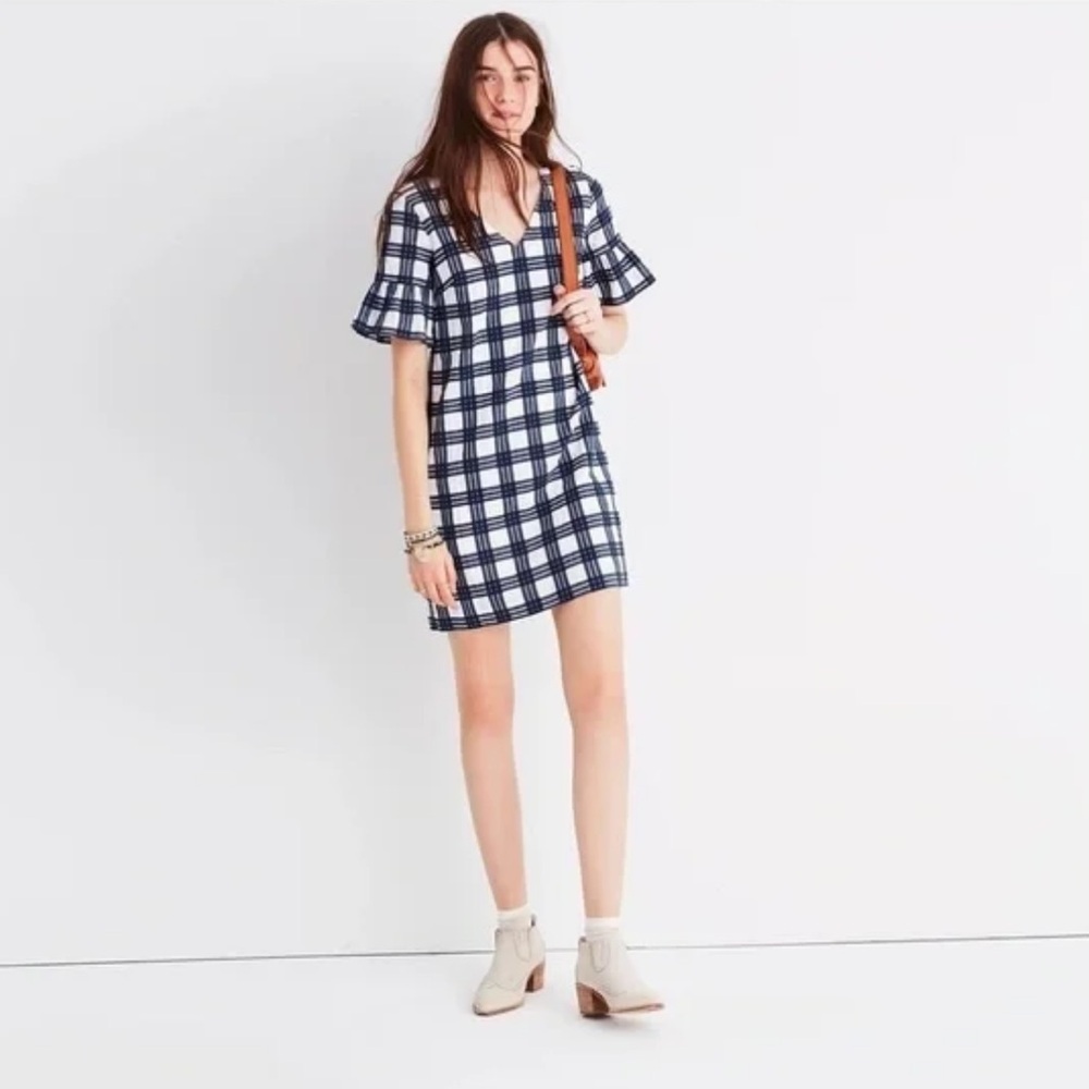 Madewell Leighton Plaid Ruffle Bell Sleeve Dress